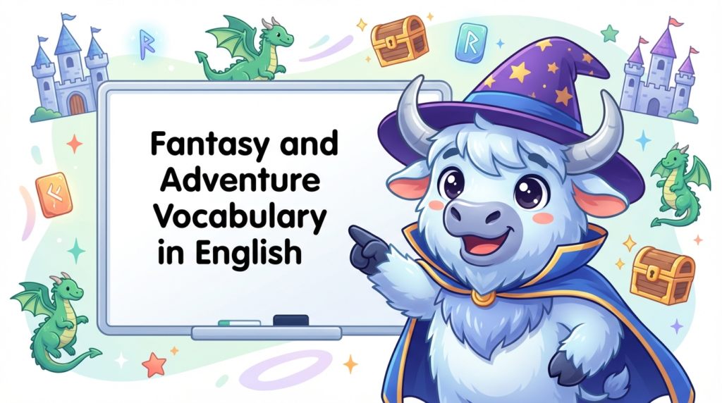 An English teaching yak points to a whiteboard that says Fantasy and Adventure Vocabulary in English.