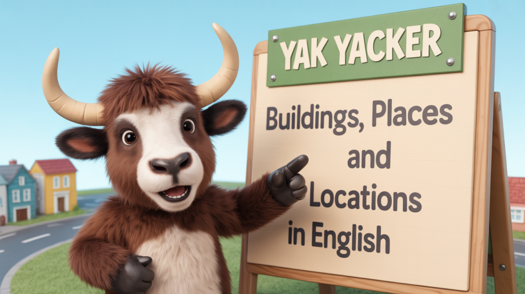 An English teaching yak points to a white board that says Builds, Places, and Locations in English