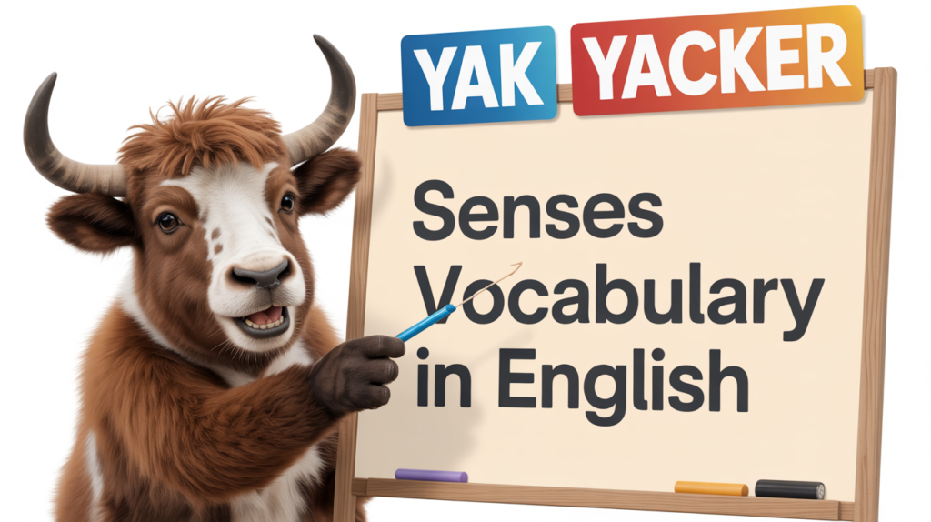 An English teaching yak points to a white board that says Senses Vocabulary in English: See, Hear, Smell, Taste, Feel.