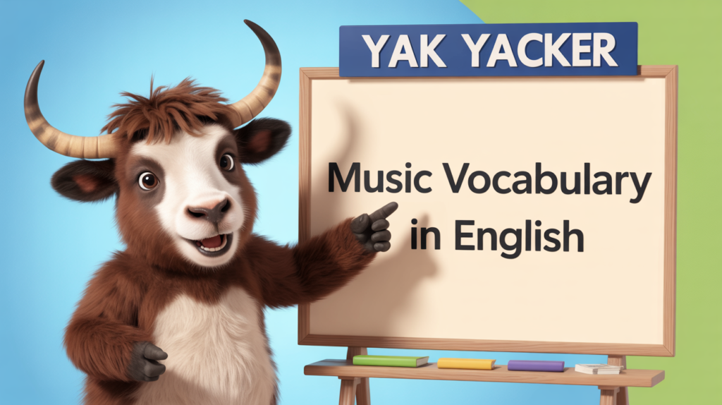 An English teaching yak points to a whiteboard that says Music Vocabulary in English.