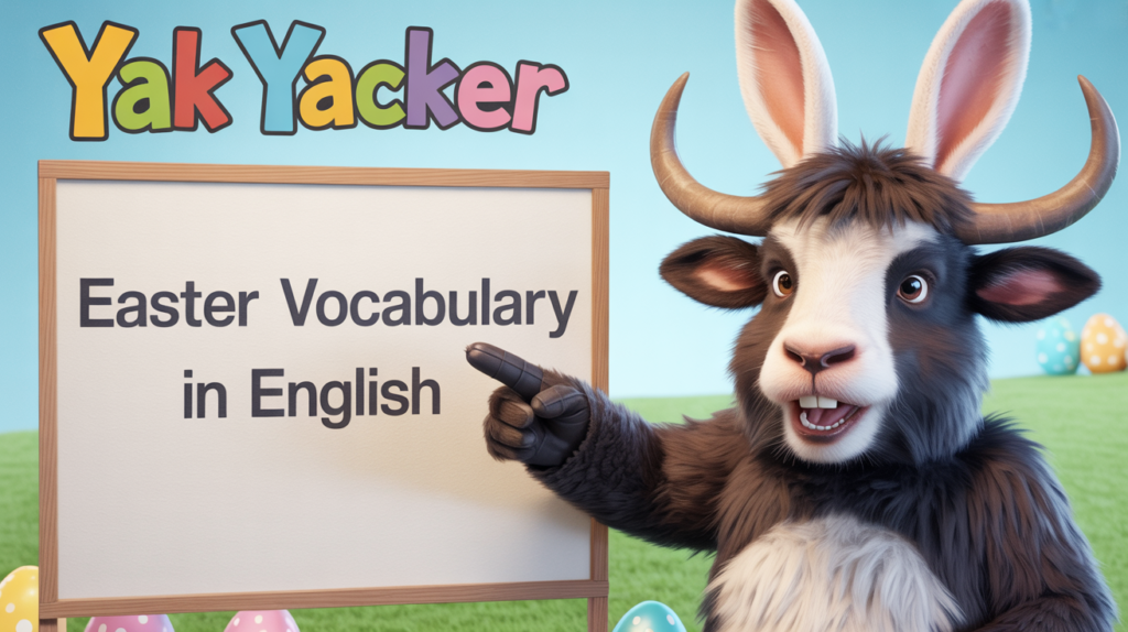 An English teaching yak points to a whiteboard that says Easter Vocabulary in English.
