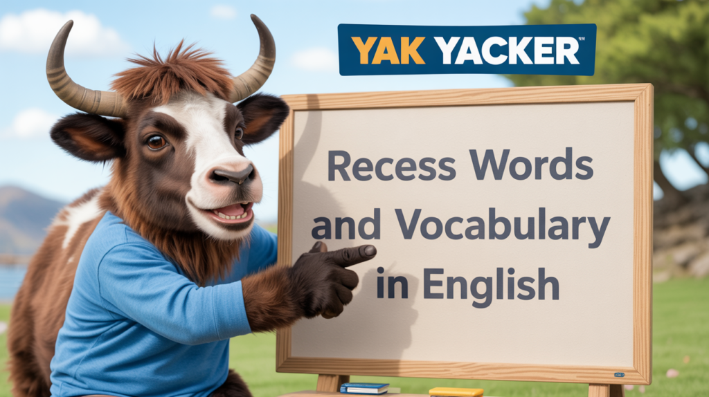 An English teaching yak points to a white board that says Recess Words and Vocabulary in English