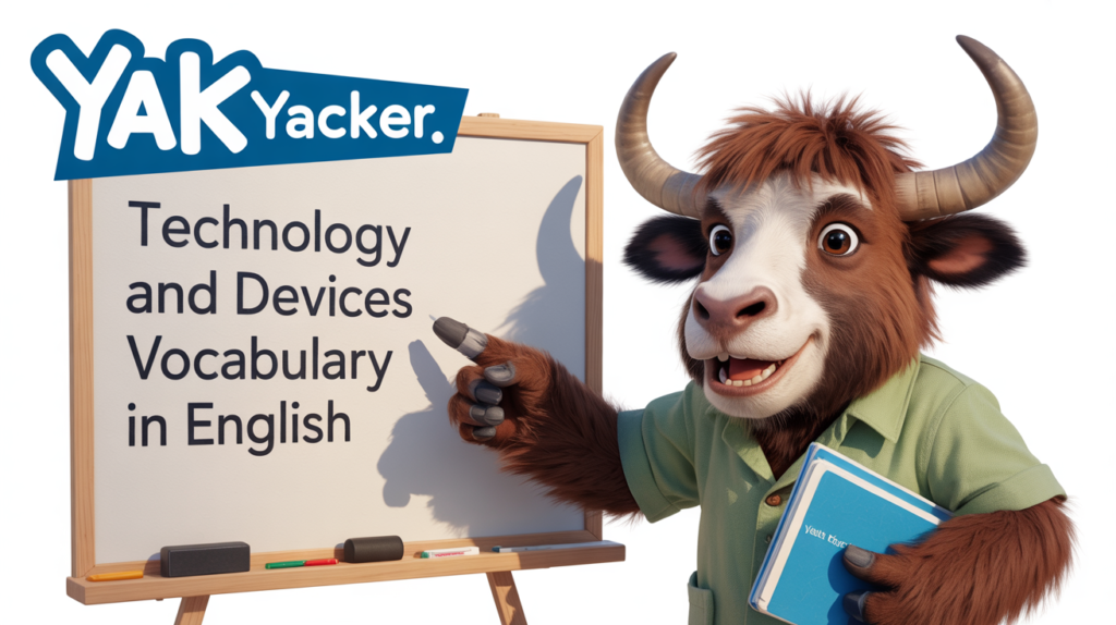 An English teaching yak points to a whiteboard that says Technology and Devices Vocabulary in English: 120+ Must-Know Words.
