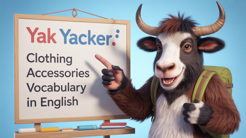 An English-teaching yak points to a whiteboard that says Clothing Accessories Vocabulary in English.