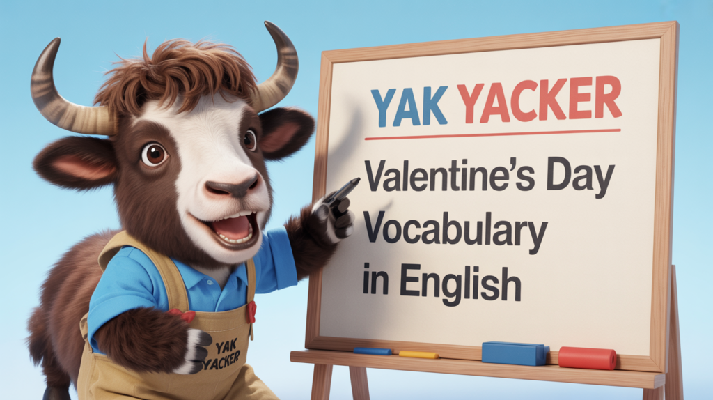 An English teaching yak points to a whiteboard that says Valentine’s Day Vocabulary in English.