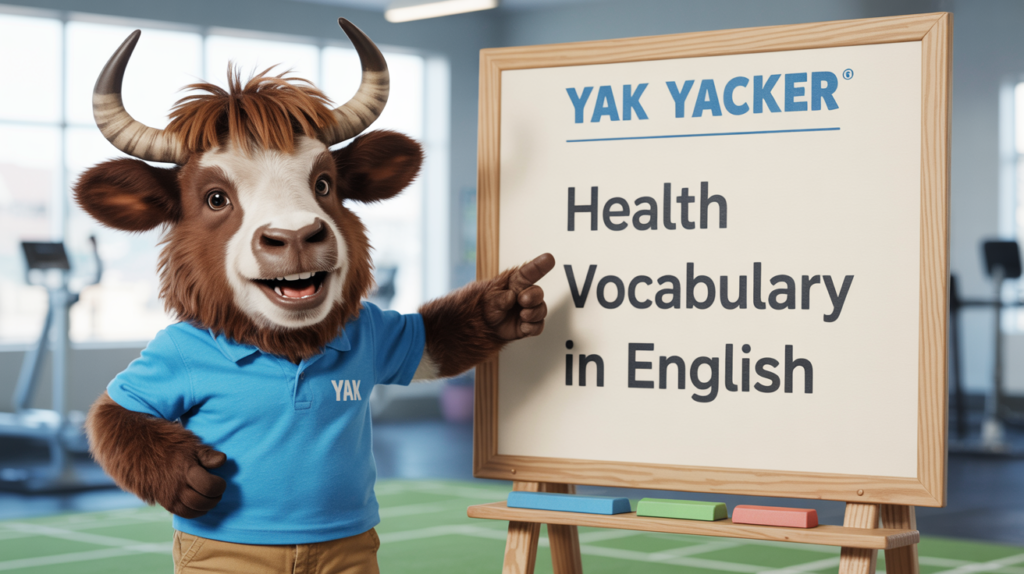 An English teaching yak points to a whiteboard that says Health Vocabulary in English