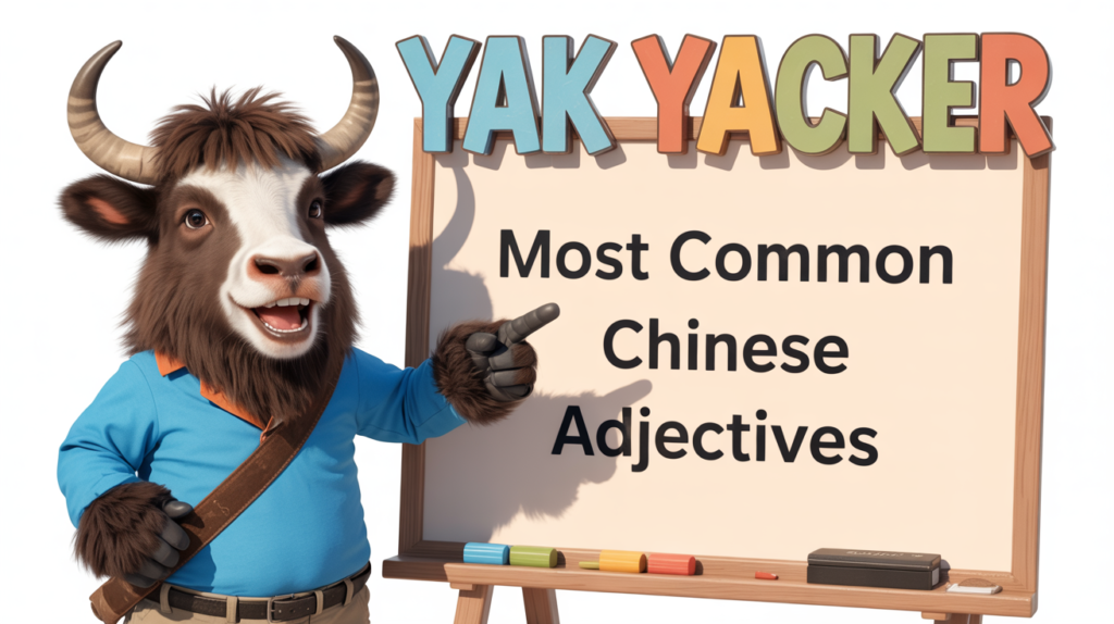 An English-speaking yak teaches Traditional Chinese, pointing to a whiteboard that says Most Common Chinese Adjectives