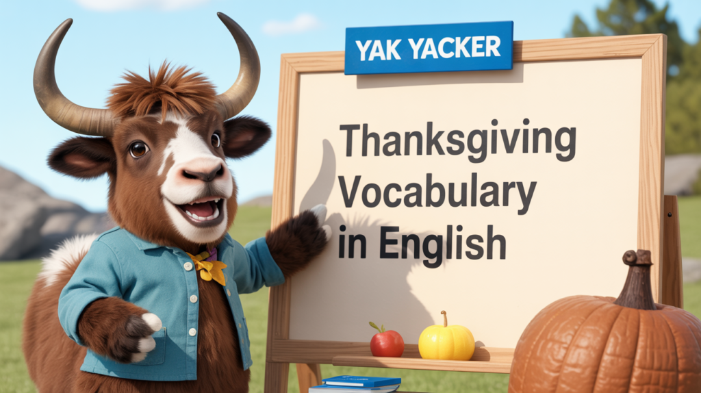 An English teaching yak points to a whiteboard that says Thanksgiving Vocabulary in English