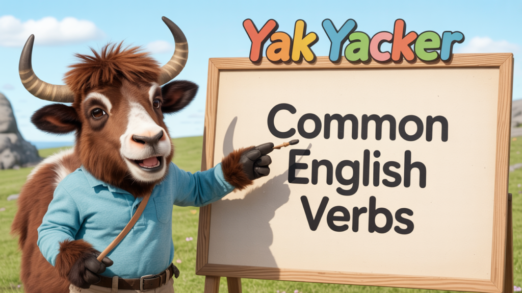 An English-teaching yak points to a whiteboard that says 100+ Common English Verbs With Ready-to-Use Phrases.