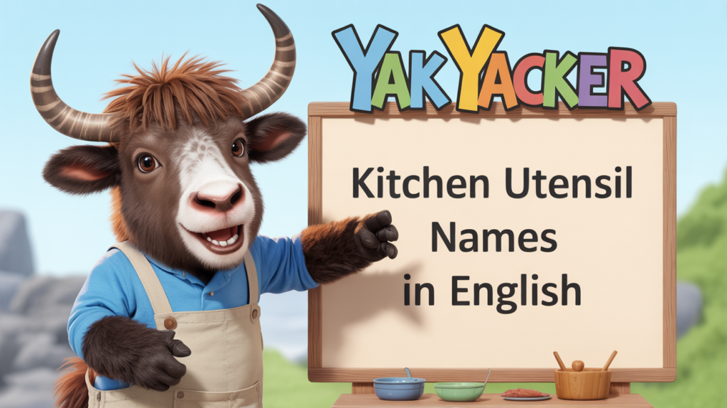 An English teaching yak points to a whiteboard that says Kitchen Utensil Names in English: 40 Must-Know Tools.
