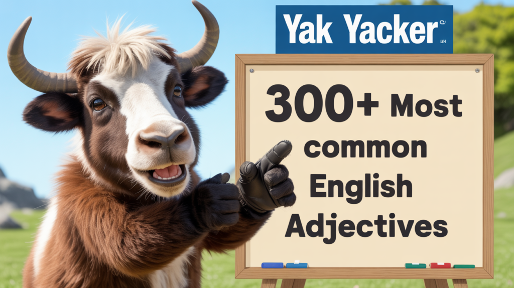 A yak from Yak Yacker pointing to a sign of the most common English adjectives