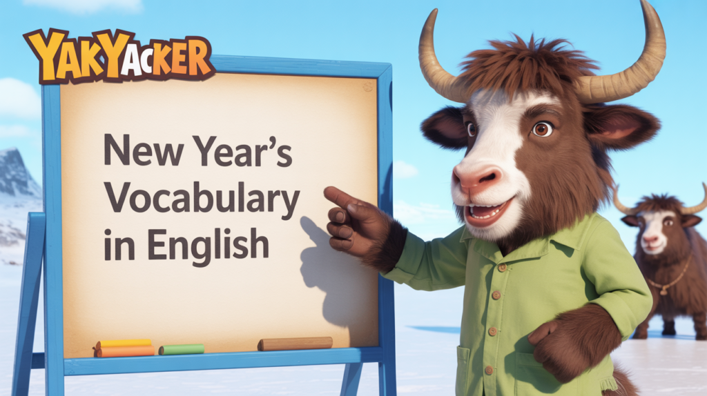 An English teaching yak points to a white board that says New Year's Vocabulary in English.