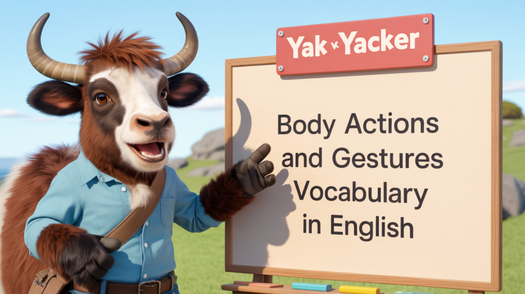 An English teaching yak points to a white board that says Body Actions and Gestures Vocabulary in English.