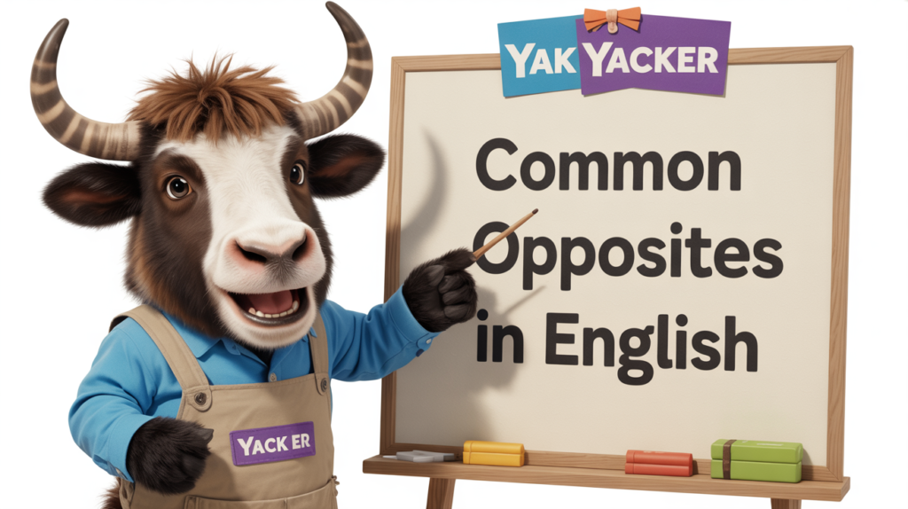 An English teaching yak points to a whiteboard that says Common Opposites in English: 160 Must-Know Word Pairs