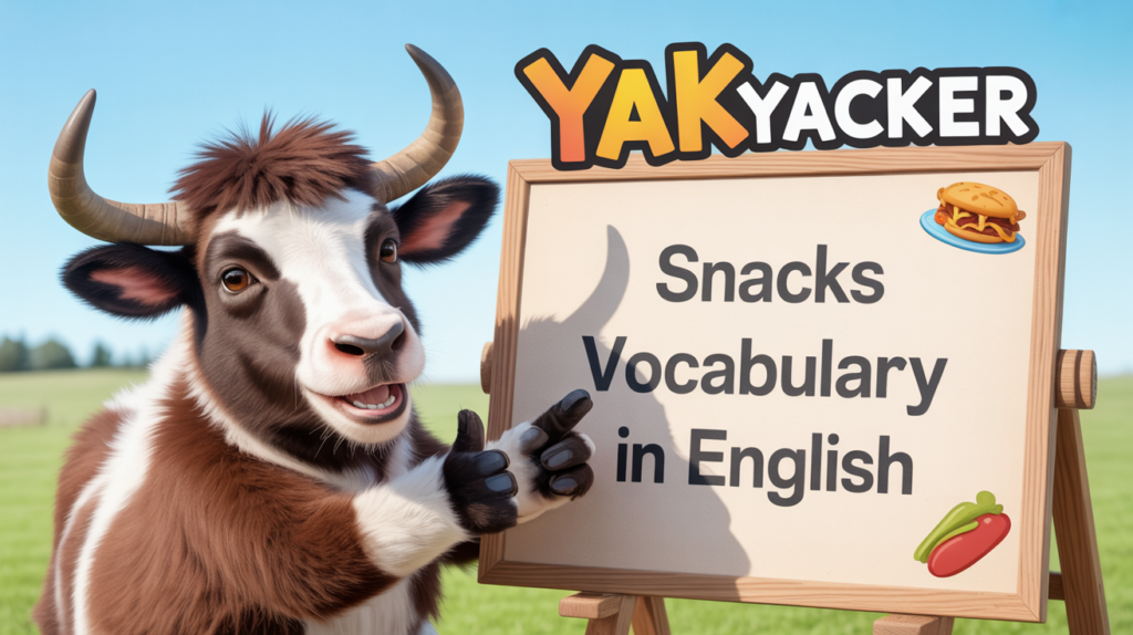 An English teaching yak points to a whiteboard that says Snacks Vocabulary in English: Crunchy Words and Tasty Phrases.