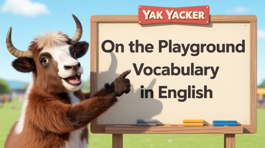 An English-teaching yak points to a whiteboard that says On the Playground Vocabulary in English.