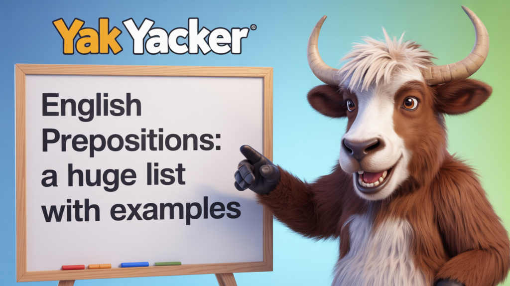 An English teaching yak points to a whiteboard that says English Prepositions: A Huge List With Examples.
