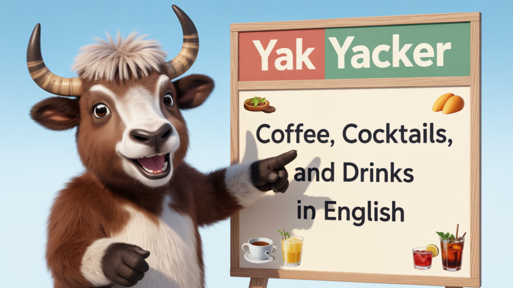 An English teaching yak points to a whiteboard that says Drinks in English: Coffee Cocktails.