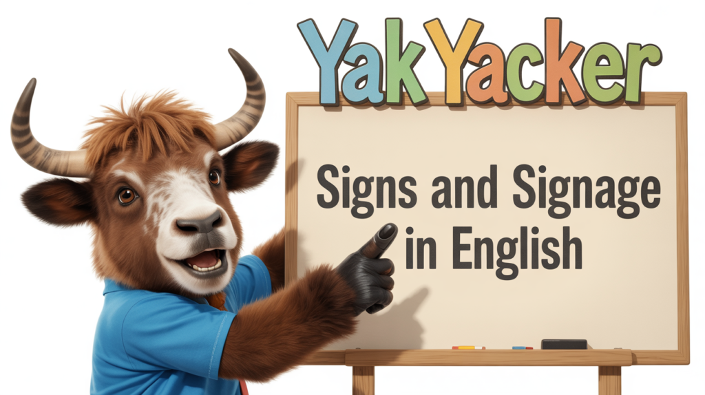 An English teaching yak points to a white board that says Signs and Signage in English: Words You’ll Actually See Outside.