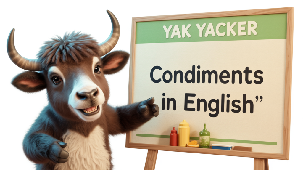 An English teaching yak points to a whiteboard that says Condiments Vocabulary in English: 60+ Sauces, Spreads, and Useful Phrases