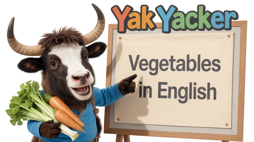 An English teaching yak points to a whiteboard that says Vegetables in English