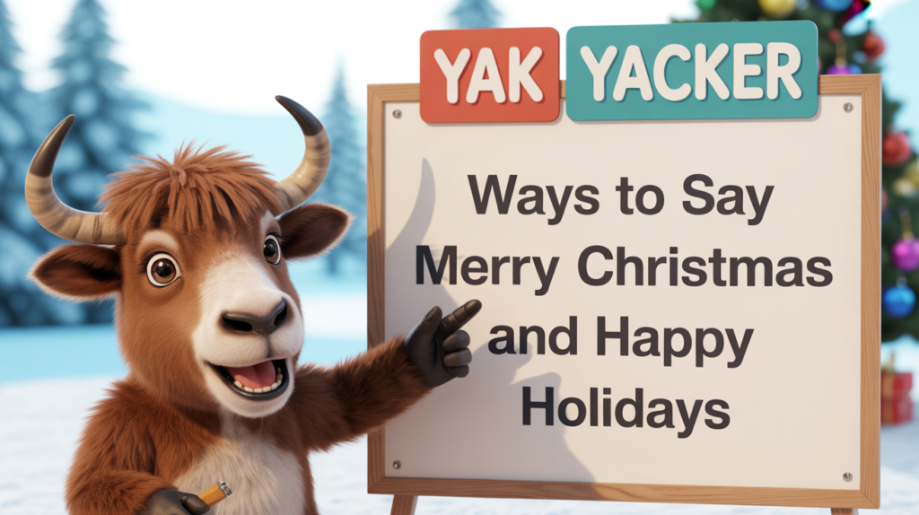 An English teaching yak points to a whiteboard that says Merry Christmas / Happy Holidays in English.