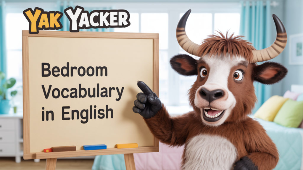 A teacher Yak in a bedroom pointing to a whiteboard that says Bedroom vocabulary in English