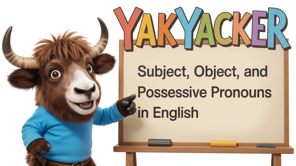 An English teaching yak points to a whiteboard that says Subject, Object, and Possessive Pronouns in English.