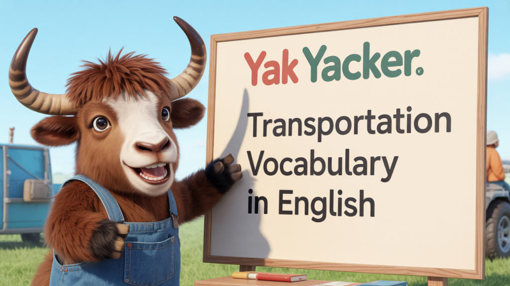 An English teaching yak points to a whiteboard that says Transportation Vocabulary in English.
