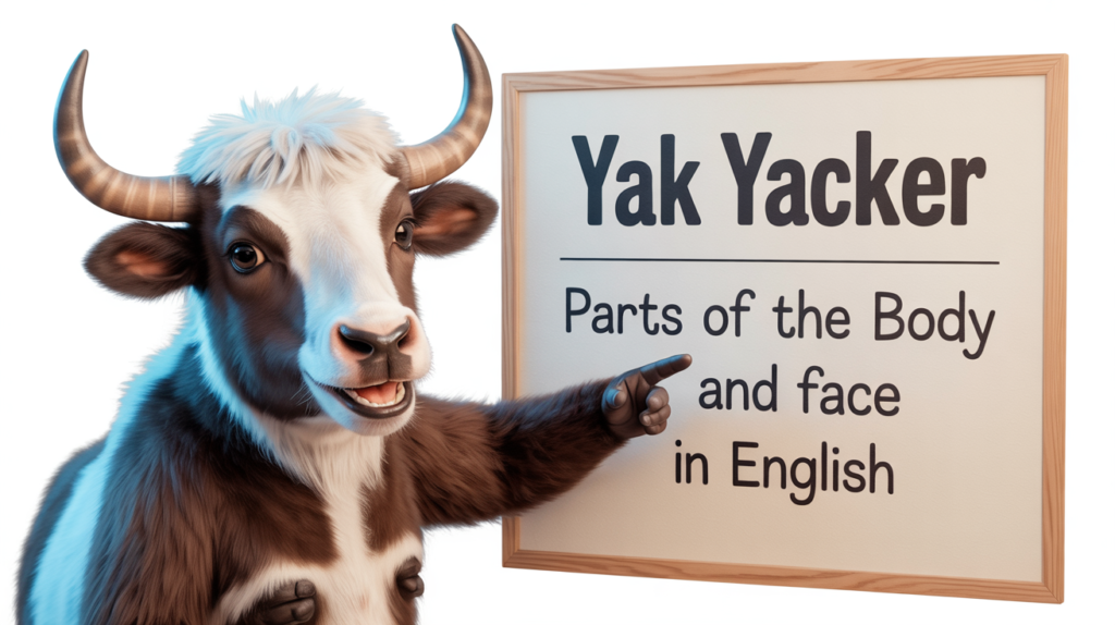 A yak teacher pointing to a whiteboard that says Parts of the body and face in english