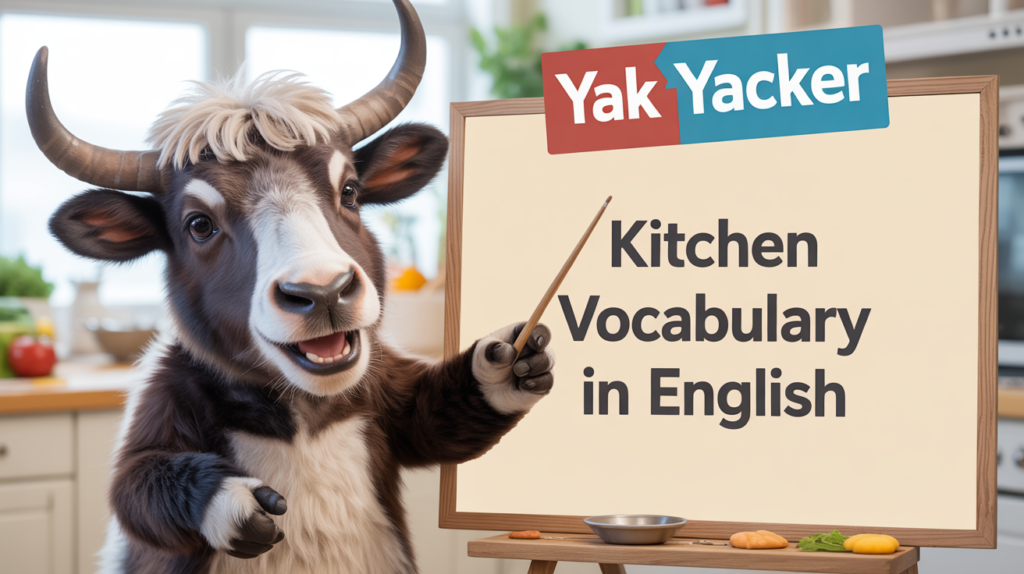 An English teaching yak points to a white board that says Kitchen Vocabulary in English: 100+ Words for Cooking and Eating.