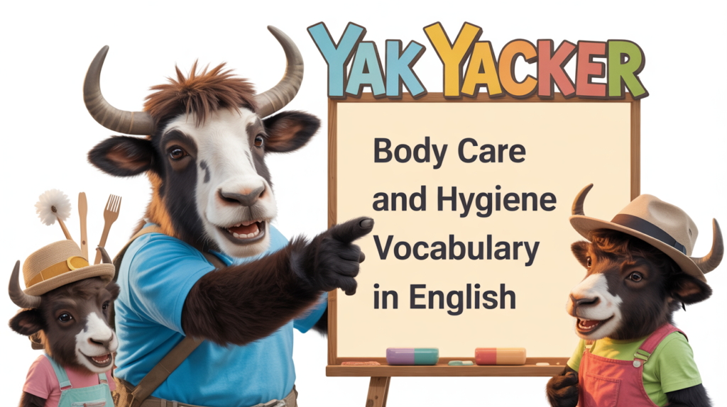 An English teaching yak points to a whiteboard that says Body Care and Hygiene Vocabulary in English.