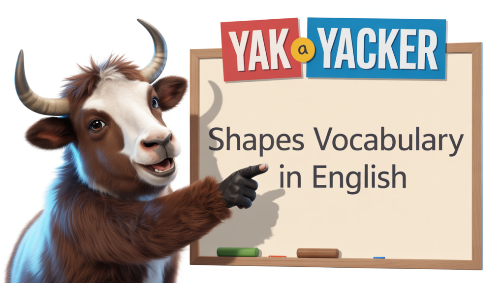 An English-teaching yak points to a whiteboard that says Shapes in English.