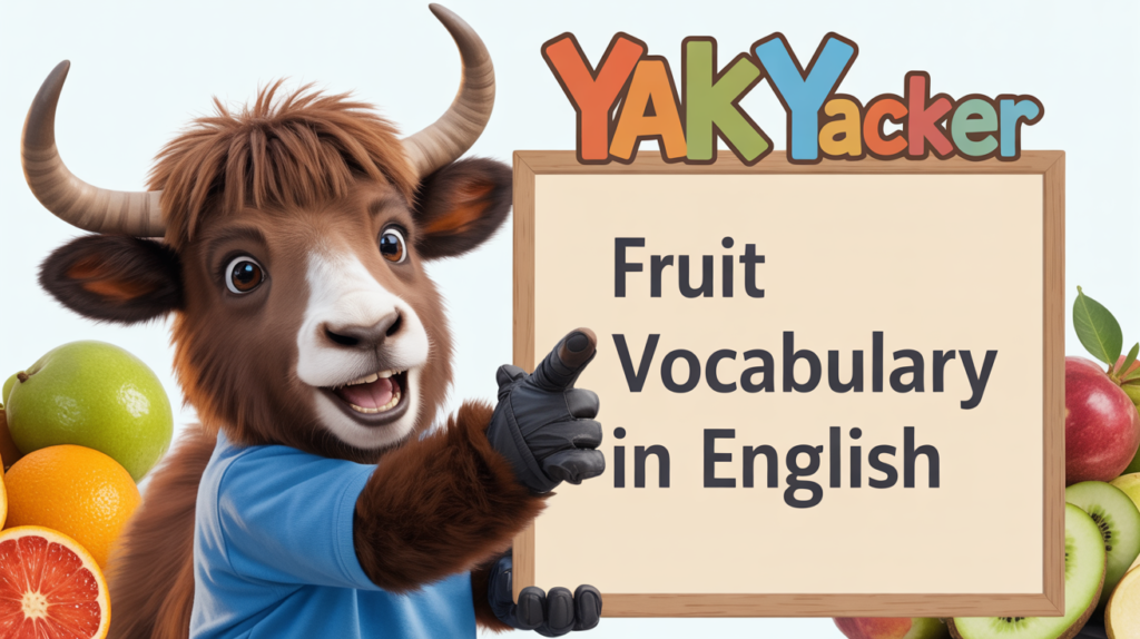 An English teaching yak points to a whiteboard that says Fruits in English: 70+ Words + Tasty Phrases.
