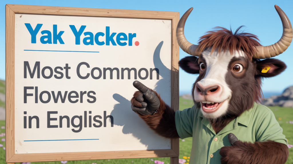 An English teaching yak points to a whiteboard that says Flowers in English: Most Common.