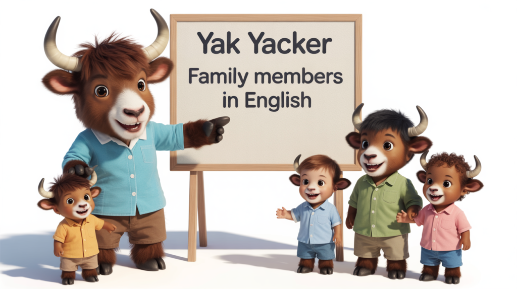 An English teaching yak points to a whiteboard that says Family members in English.