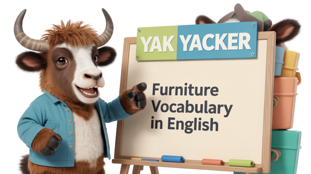An English teaching yak points to a whiteboard that says Furniture Vocabulary in English