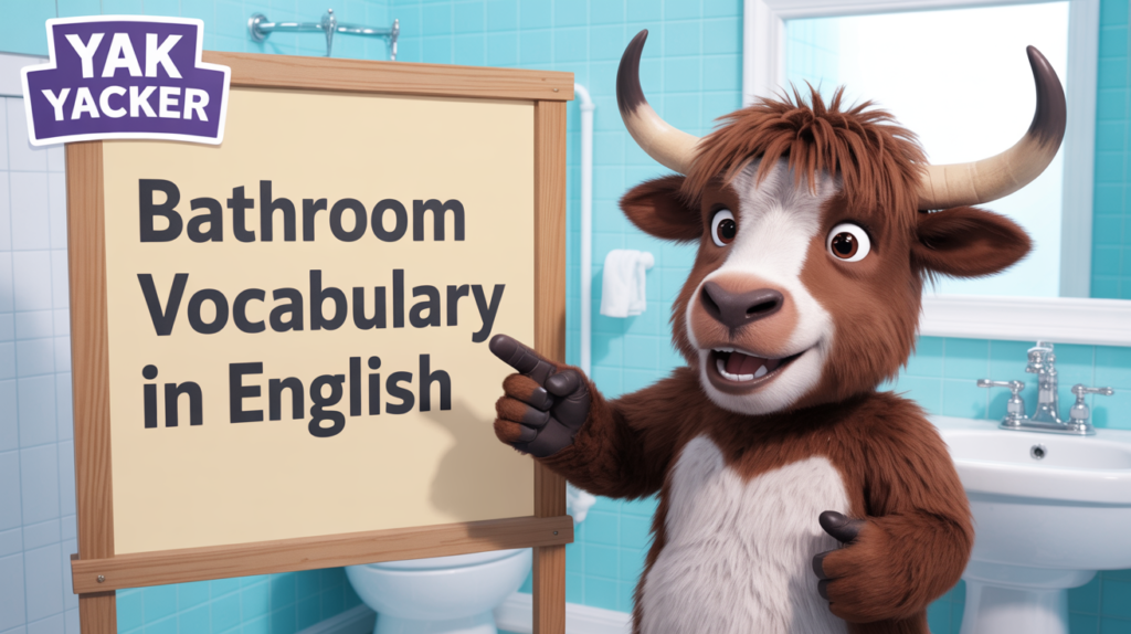 A yak English teacher in a bathroom pointing to a blackboard that says Bathroom vocabulary in English
