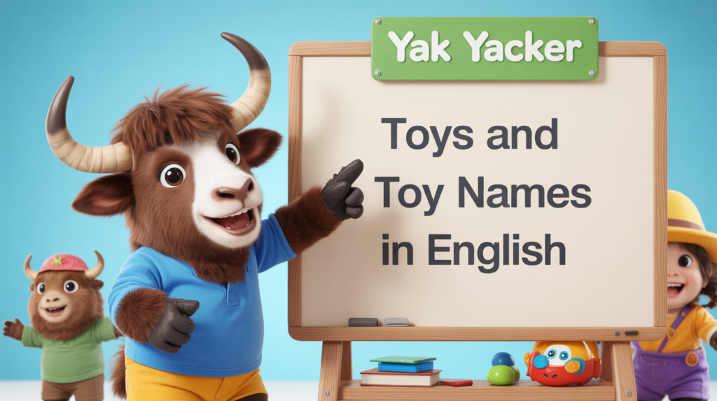 An English teaching yak points to a whiteboard that says Toys and Toy Names in English.