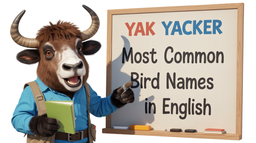An English teaching yak points to a whiteboard that says Most Common Bird Names in English.