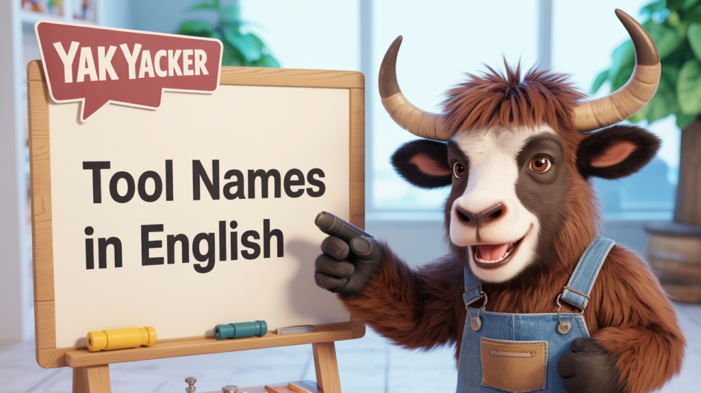 An English teaching yak points to a whiteboard that says Tool Names in English.