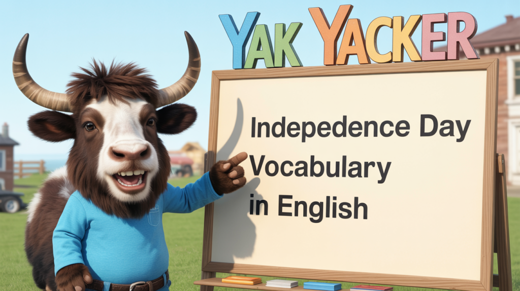 An English-teaching yak points to a whiteboard that says Independence Day Vocabulary in English.