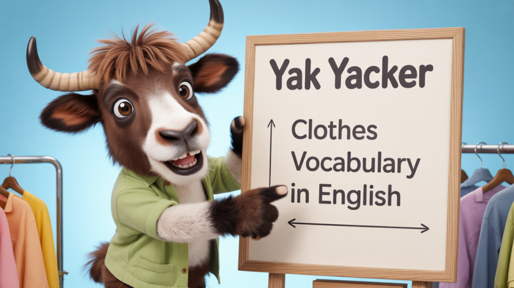 An English teaching yak points to a whiteboard that says Clothes in English.