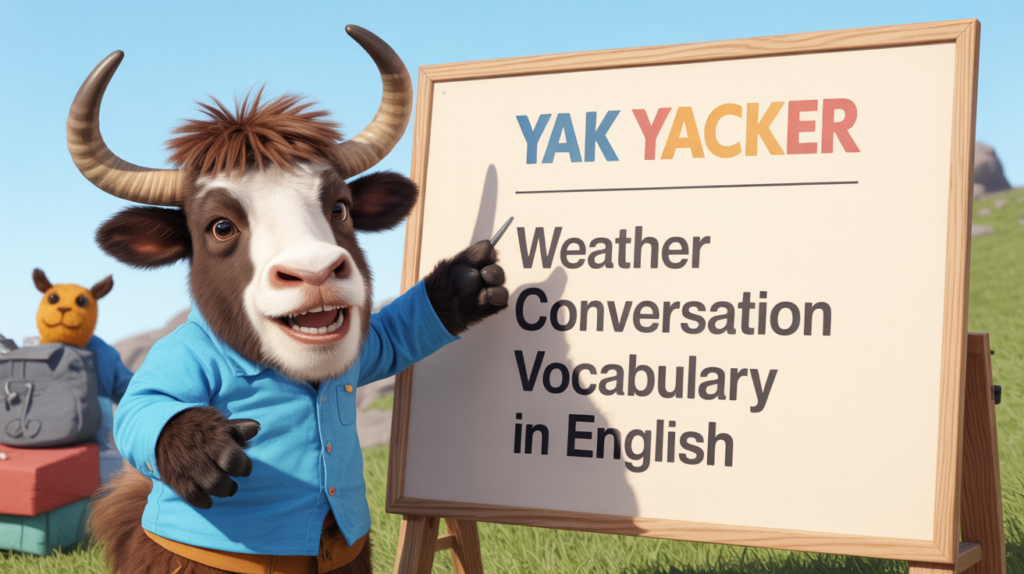 An English-teaching yak points to a whiteboard that says Weather Conversation Vocabulary in English