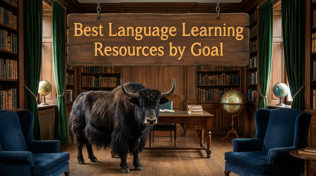 Realistic yak teacher presenting a curated toolkit board labeled “Best Language Learning Resources by Goal”.