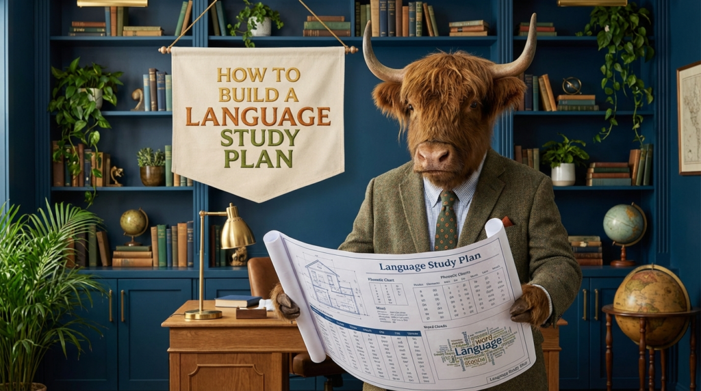 Realistic yak teacher with a planning notebook, indicating a board titled “How to Build a Language Study Plan”.