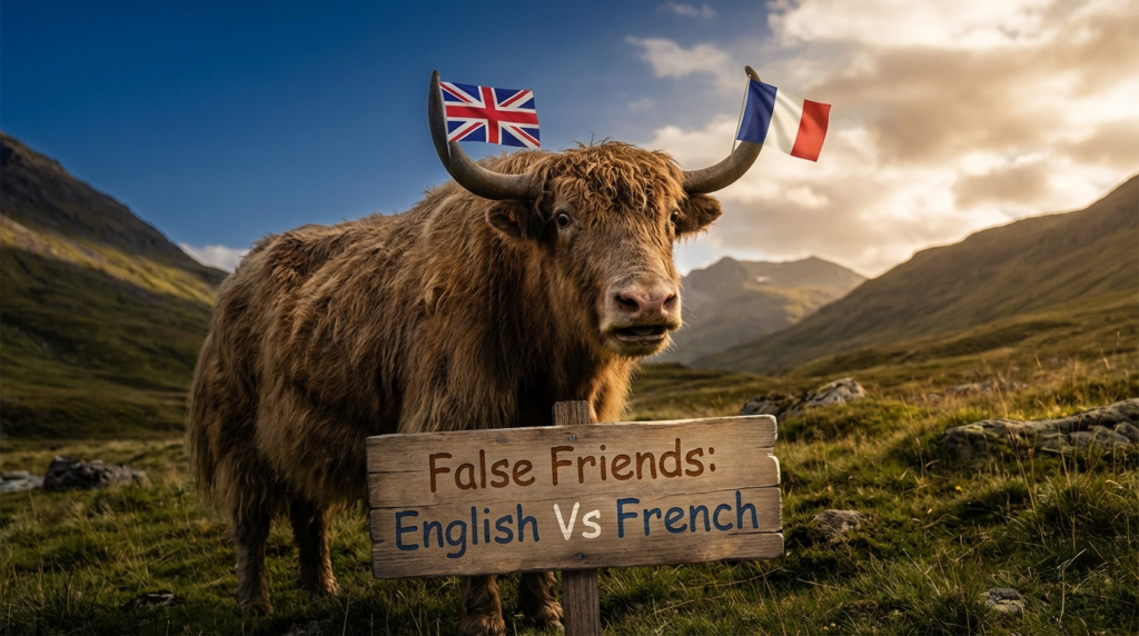 A personified yak English teacher that explains English false friends vs French with word pairs and examples.