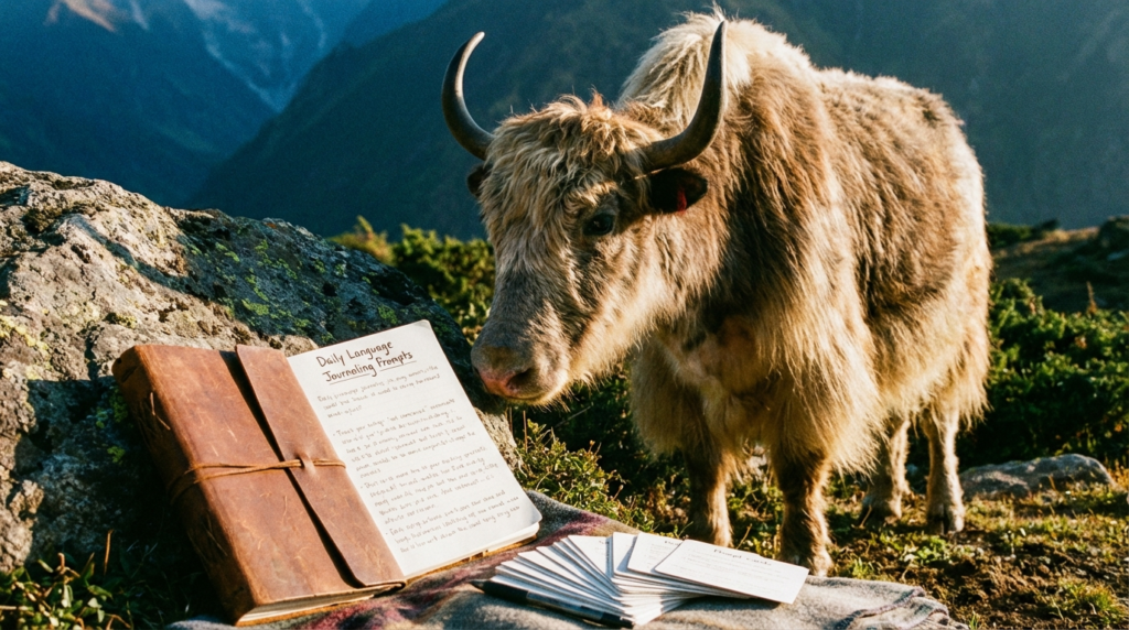 Realistic yak teacher presenting prompt cards with “Daily Language Journaling Prompts” as the headline.