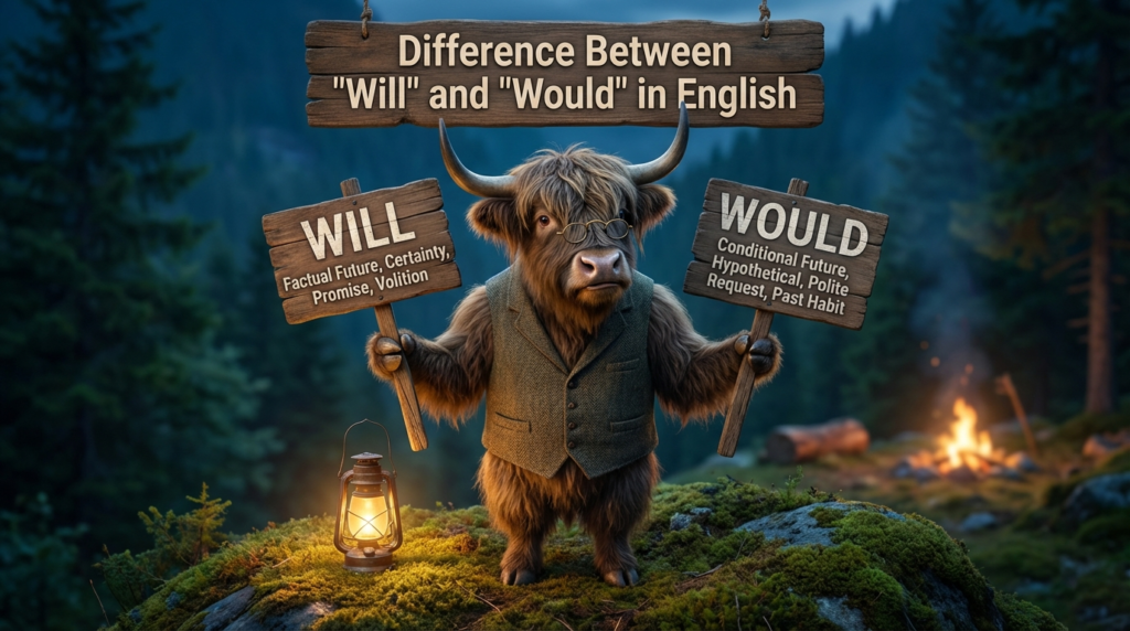 A personified yak English teacher that explains the difference between will and would with simple rules and real-life examples.