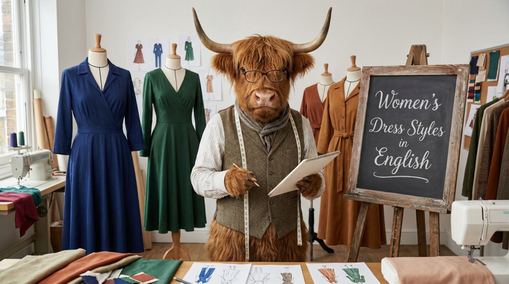 A personified yak English teacher that explains women’s dress styles in English with names, meanings, and real-life examples.